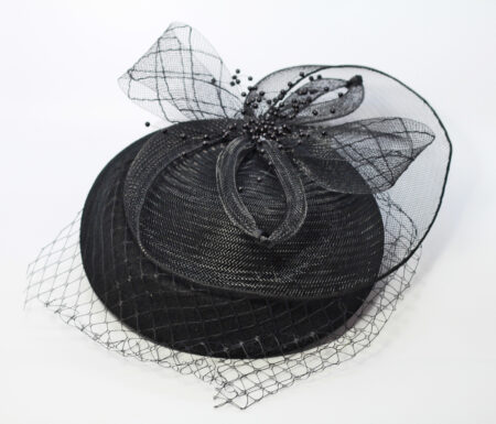 FC0305 Black Feather Hair Fascinator with Veil and Bows