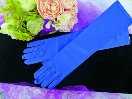 GL0054 Adult size elbow length blue satin gloves