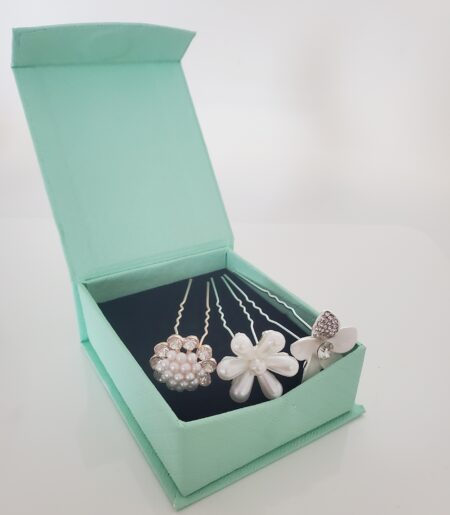 White Flower Hair Pins with Mint Green Box